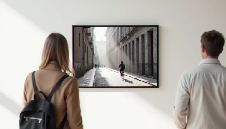 Photo d'art en noir et blanc encadrée sur un mur de galerie, devant un visiteur vu de dos