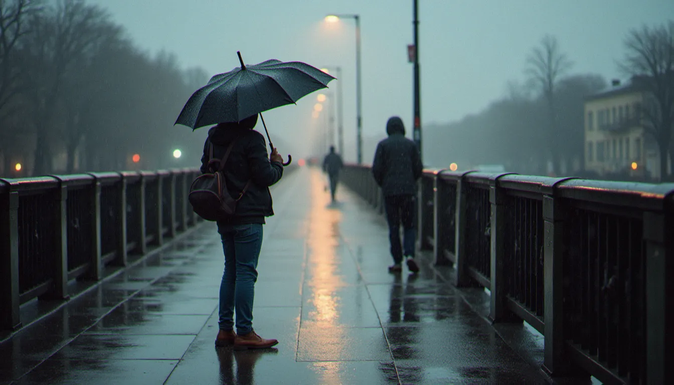 Scène de rue à Toulouse sous la pluie avec un passant et son parapluie retourné, entre photo de rue et reportage