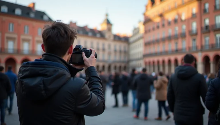 Photographe en train de couvrir un rassemblement sur une place de Toulouse, illustrant la photographie actualité sur le terrain