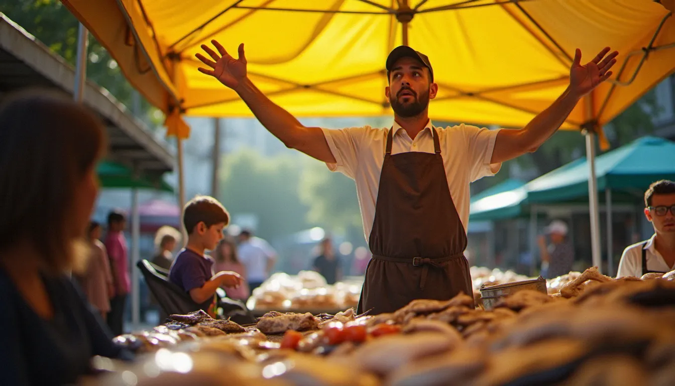 Scène de marché saisie sur le vif avec un poissonnier, un client et un enfant, exemple d'image d'actualité locale aux plans multiples
