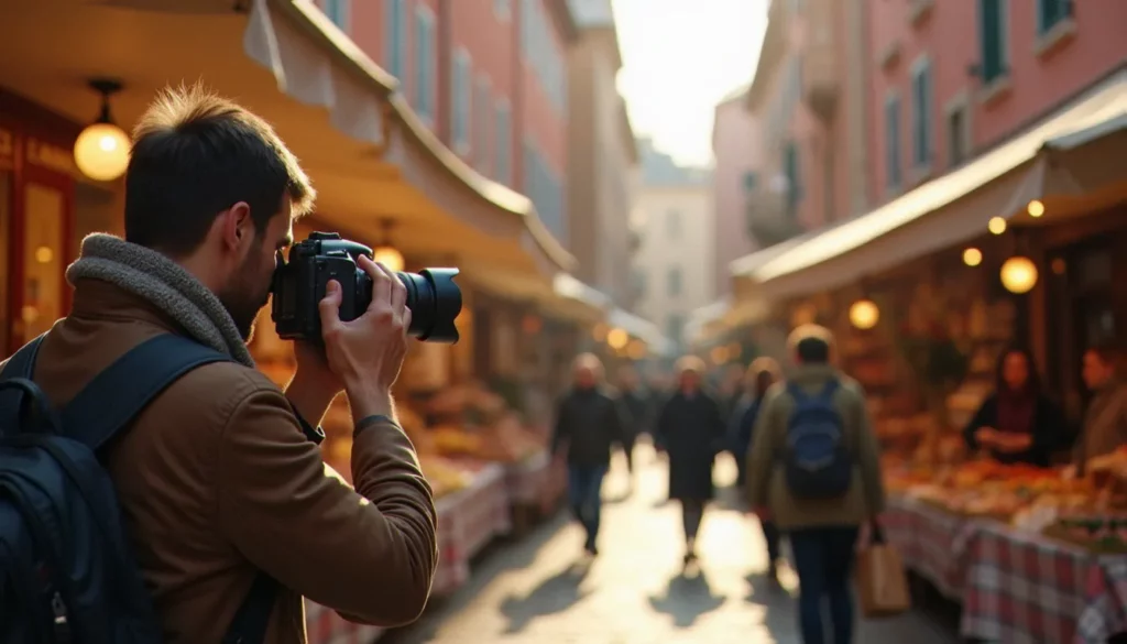 photographie actualites featured Photographe de rue en plein reportage sur un marché animé d'une ville du sud de la France, illustrant la photographie actualités