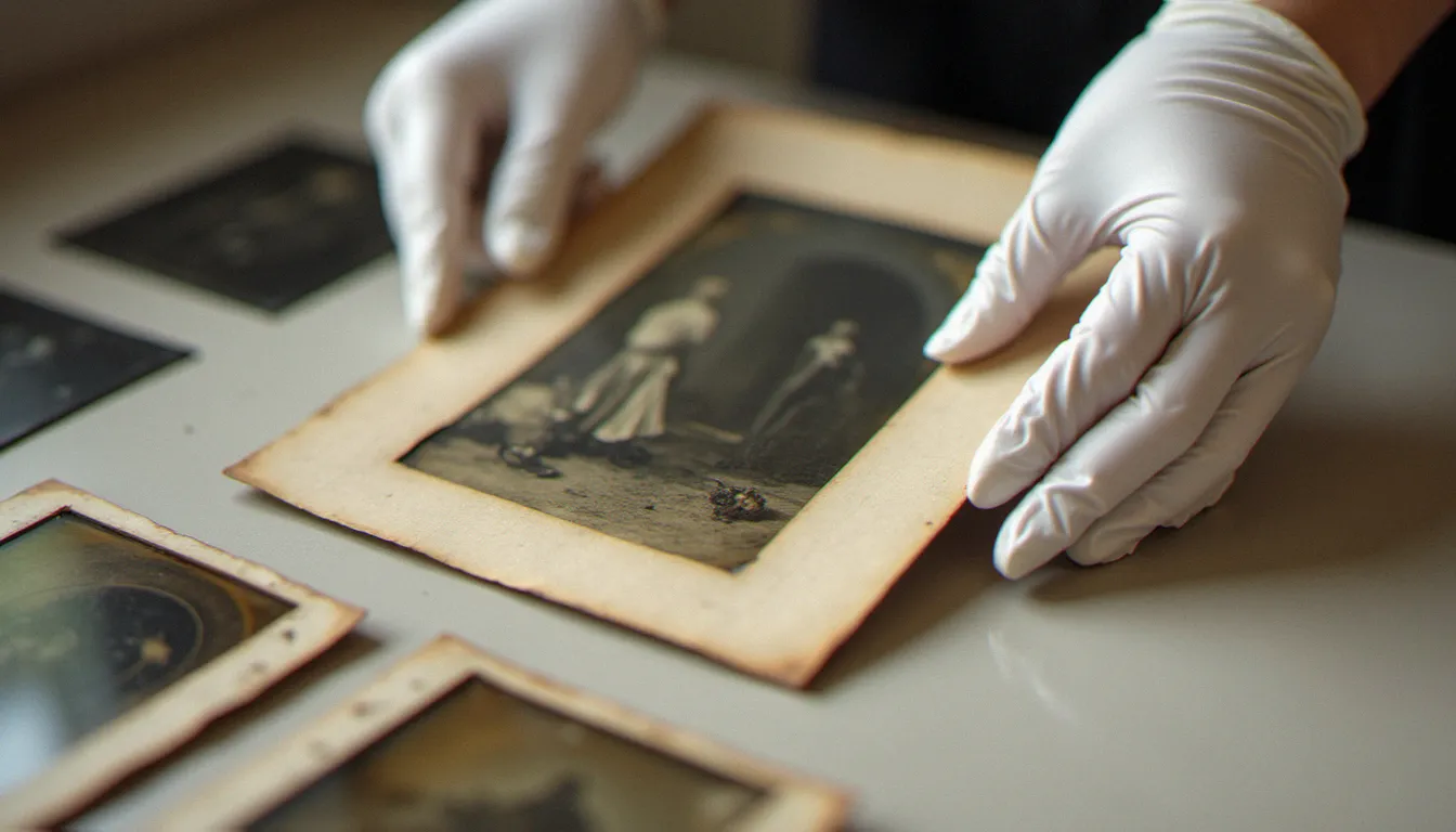 Mains gantées de coton tenant par les bords un tirage ancien monté sur carton, avec des négatifs sur plaques de verre