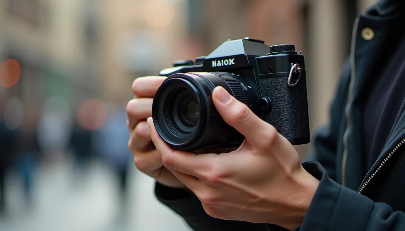 Mains d'un photographe tenant un appareil compact prêt à capturer une scène urbaine