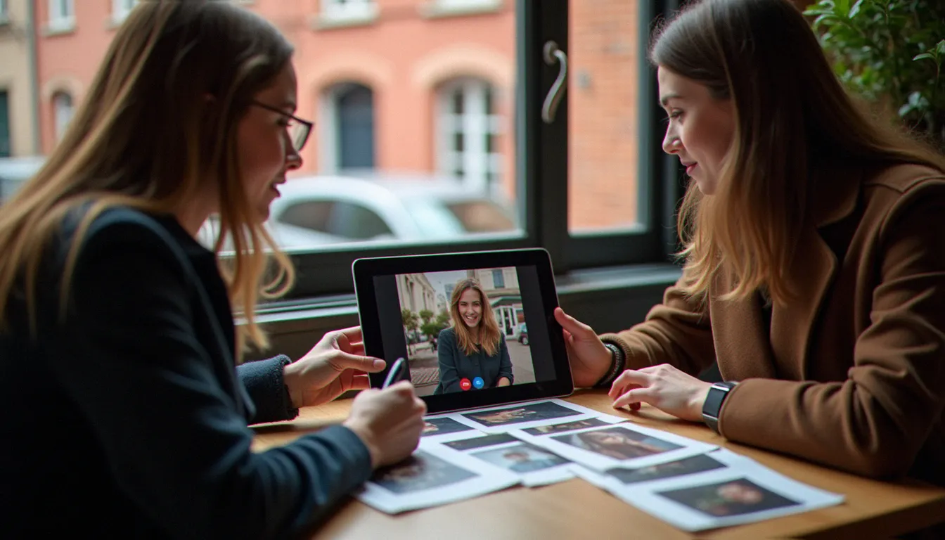 Échange de préparation d'une séance photo autour d'une table avec images de référence et tablette