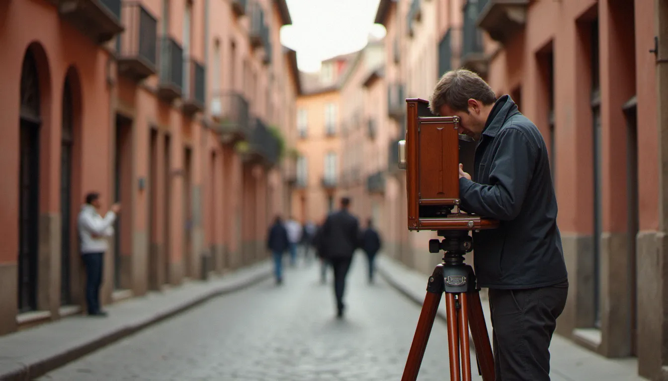 Chambre photographique 4x5 sur trépied dans une rue en brique rose, illustrant la photographie grand format