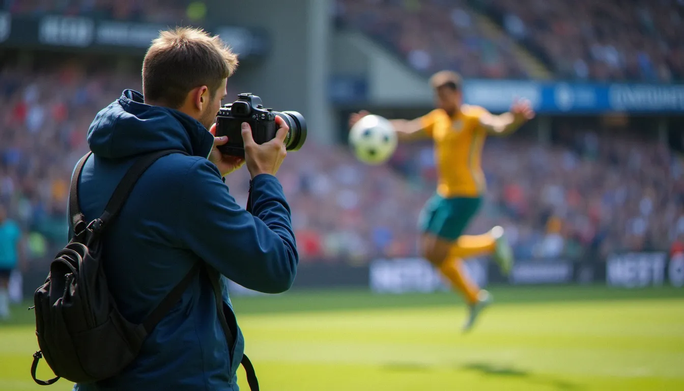 Photographe capturant un moment d'action lors d'un match de football, illustrant la photographie sportive