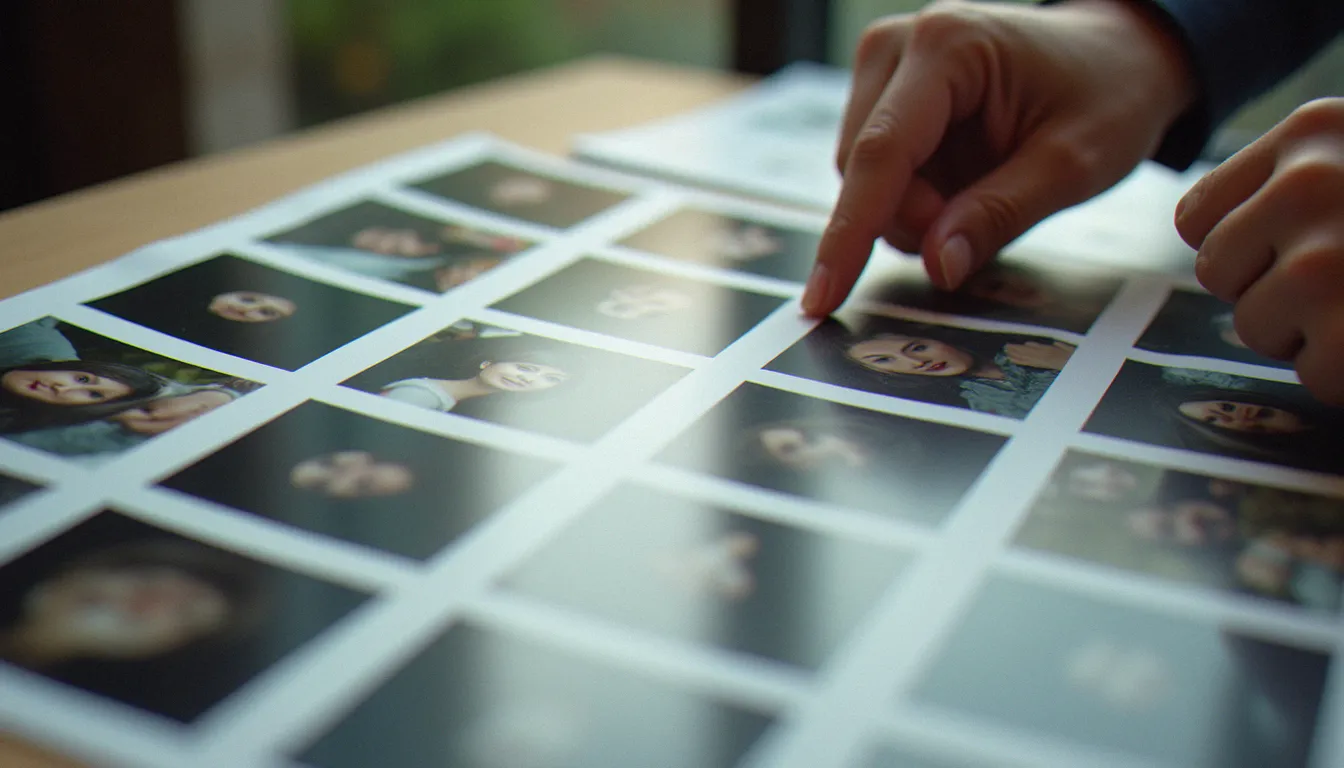 Personne comparant plusieurs tirages de portraits sur une table pour évaluer la cohérence d'un portfolio