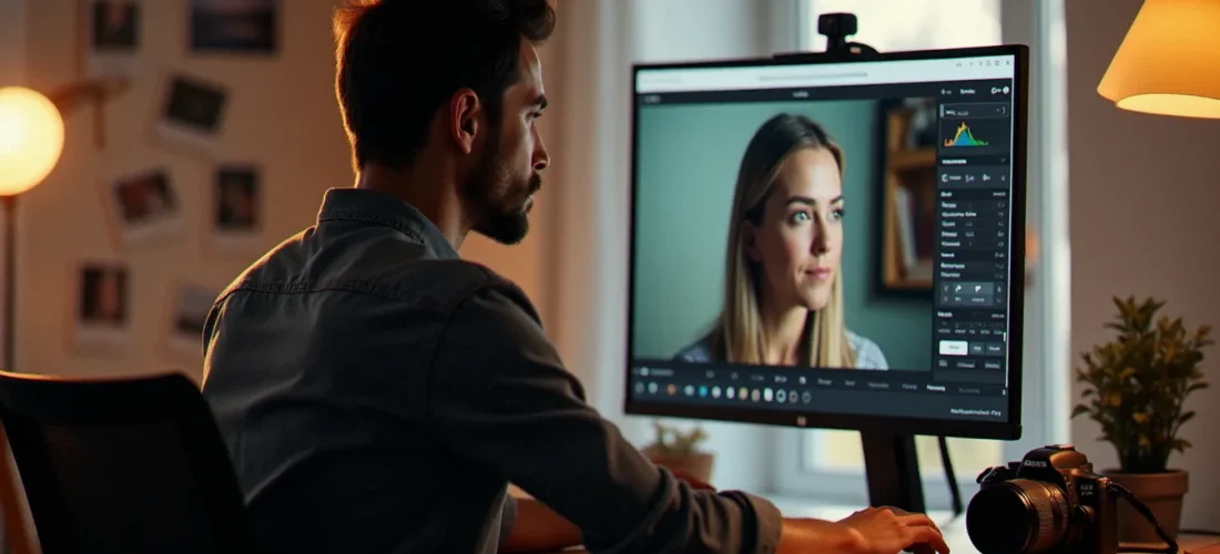 Photographe professionnel utilisant Clipdrop sur un grand écran pour retoucher des portraits dans son studio à Toulouse