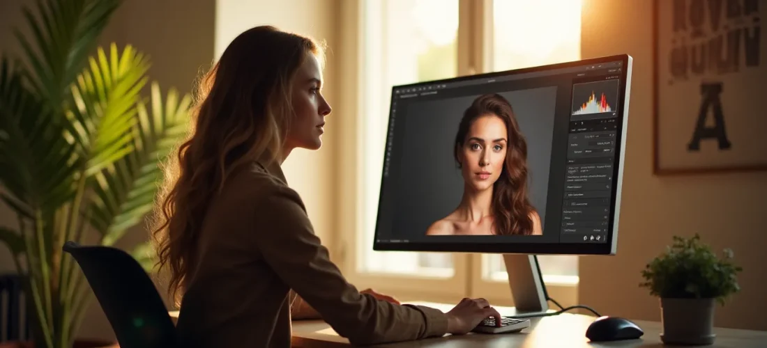 Photographe comparant deux versions d'un portrait compressé sur écran calibré dans un studio toulousain, illustrant le processus professionnel de compression photo