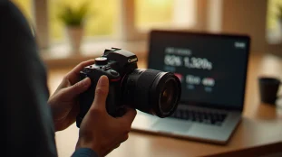 Photographe tenant un appareil reflex en lumière dorée du matin, données exif visibles sur l'écran d'un ordinateur portable en arrière-plan sur un bureau en bois