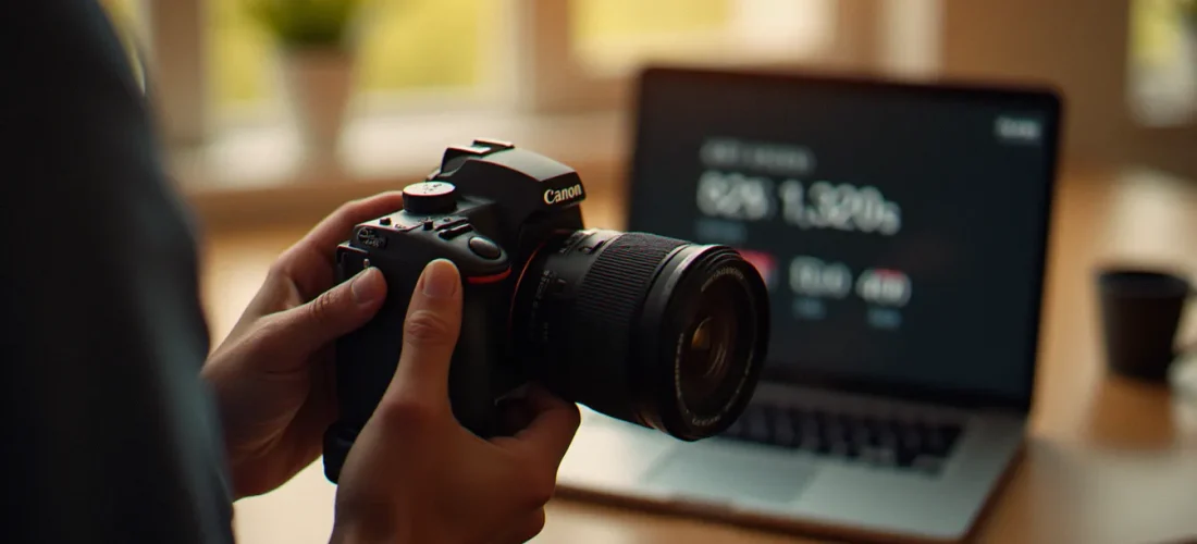 Photographe tenant un appareil reflex en lumière dorée du matin, données exif visibles sur l'écran d'un ordinateur portable en arrière-plan sur un bureau en bois