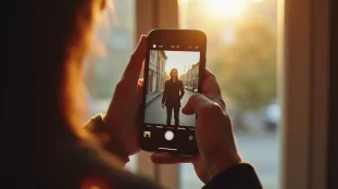 Photographe examinant le format photo Instagram sur son smartphone, avec un portrait vertical en format 4:5 visible sur l'écran