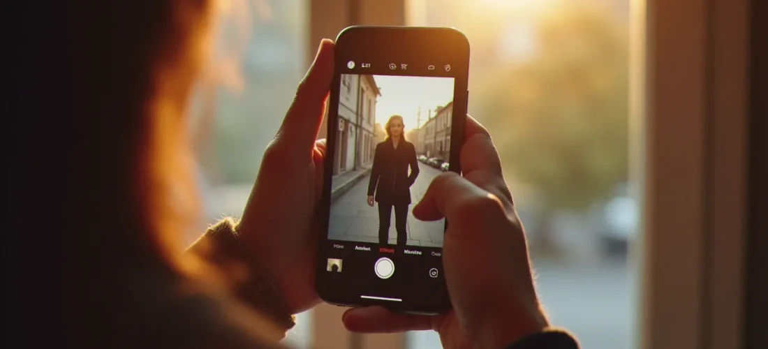 Photographe examinant le format photo Instagram sur son smartphone, avec un portrait vertical en format 4:5 visible sur l'écran