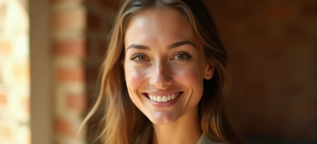 Portrait professionnel en gros plan illustrant une photo de profil WhatsApp réussie, lumière naturelle douce sur le visage, regard direct et expression authentique