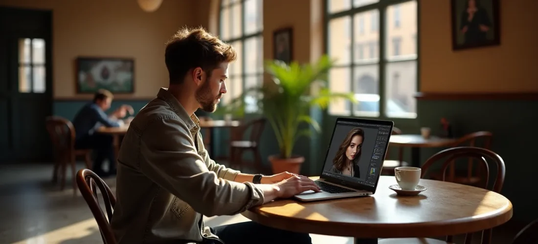Photographe professionnel retouchant des portraits avec Photoroom sur un ordinateur portable dans un café toulousain baigné de lumière matinale dorée