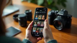 Photographe tenant un iPhone ouvert sur l'application Photos pour récupérer des photos supprimées, avec un appareil photo posé sur un bureau en bois éclairé par la lumière naturelle