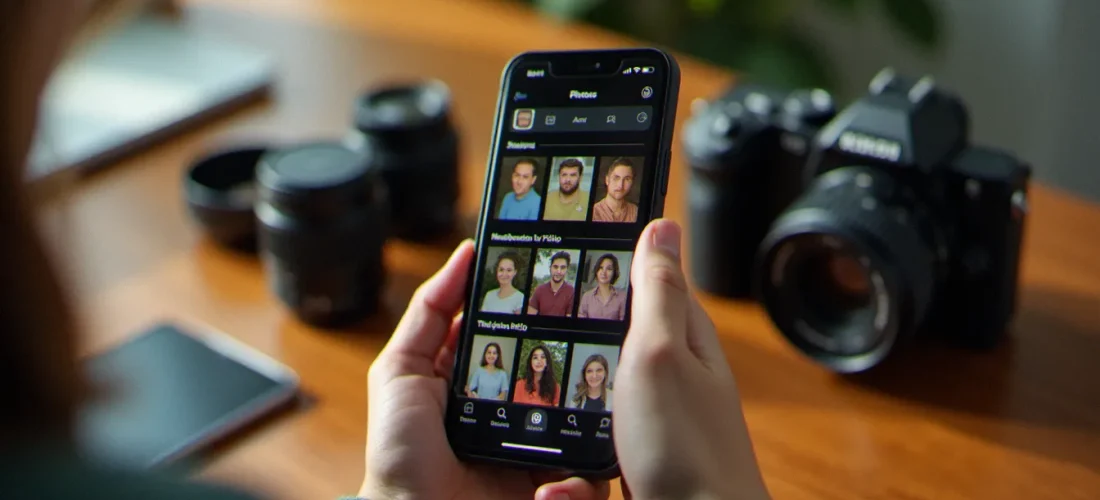 Photographe tenant un iPhone ouvert sur l'application Photos pour récupérer des photos supprimées, avec un appareil photo posé sur un bureau en bois éclairé par la lumière naturelle